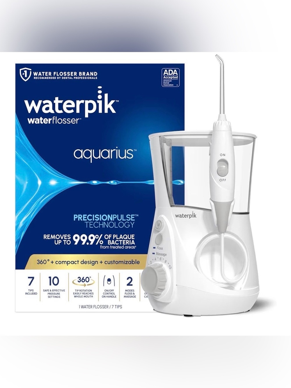Waterpik Aquarius Countertop Water Flosser with 10 Settings, 7 Tips, White